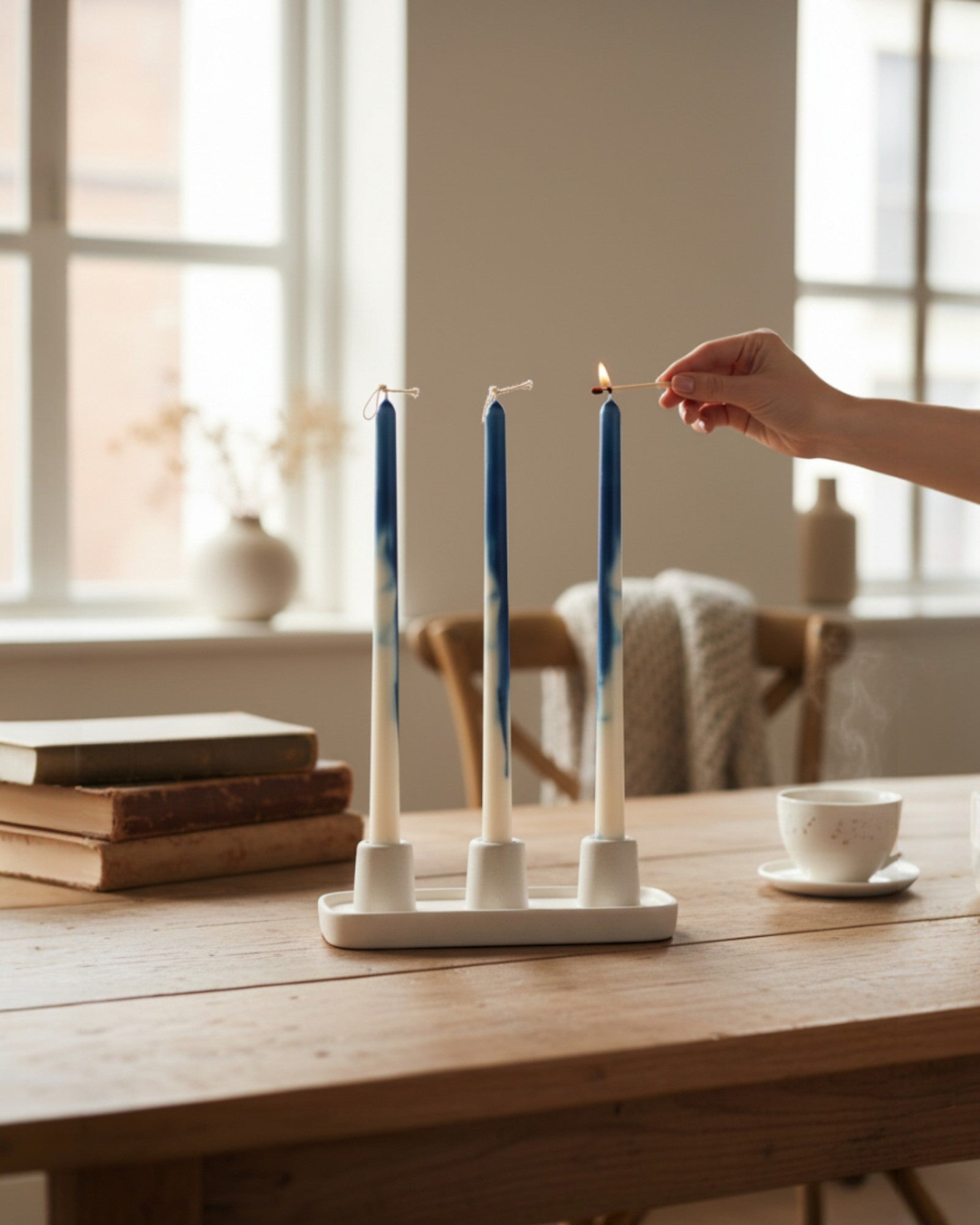 Świece kolumnowe Niebieskie Marmurkowy efekt- 3 x 60g